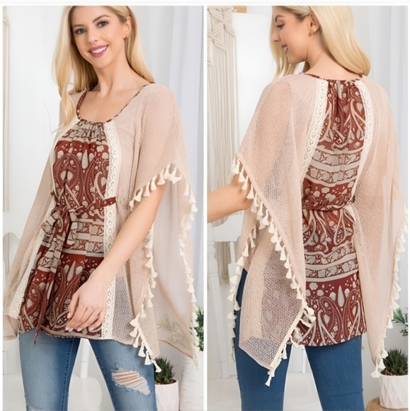 NWOT Butterfly Dsigns Bohemian paisley print crochet top taupe tassel fringe - Picture 3 of 4